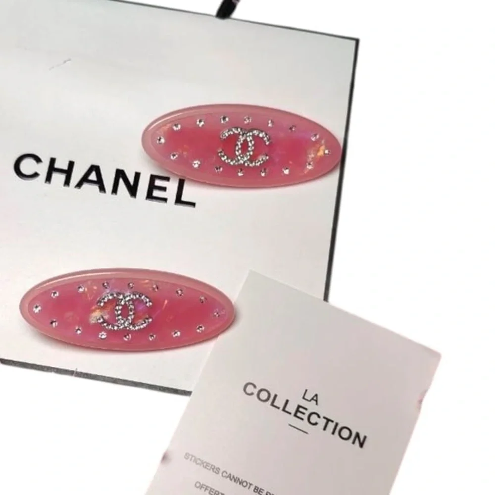CHANEL 2Pc Lg Hair Clips Hot Pink/White Rhinestone CC Logo & Gift Bag - Picture 1 of 6